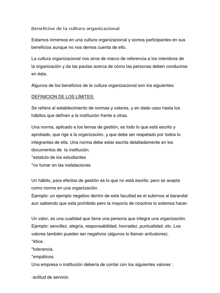 Beneficios de la Cultura Organizacional | PDF | Cultura organizacional ...
