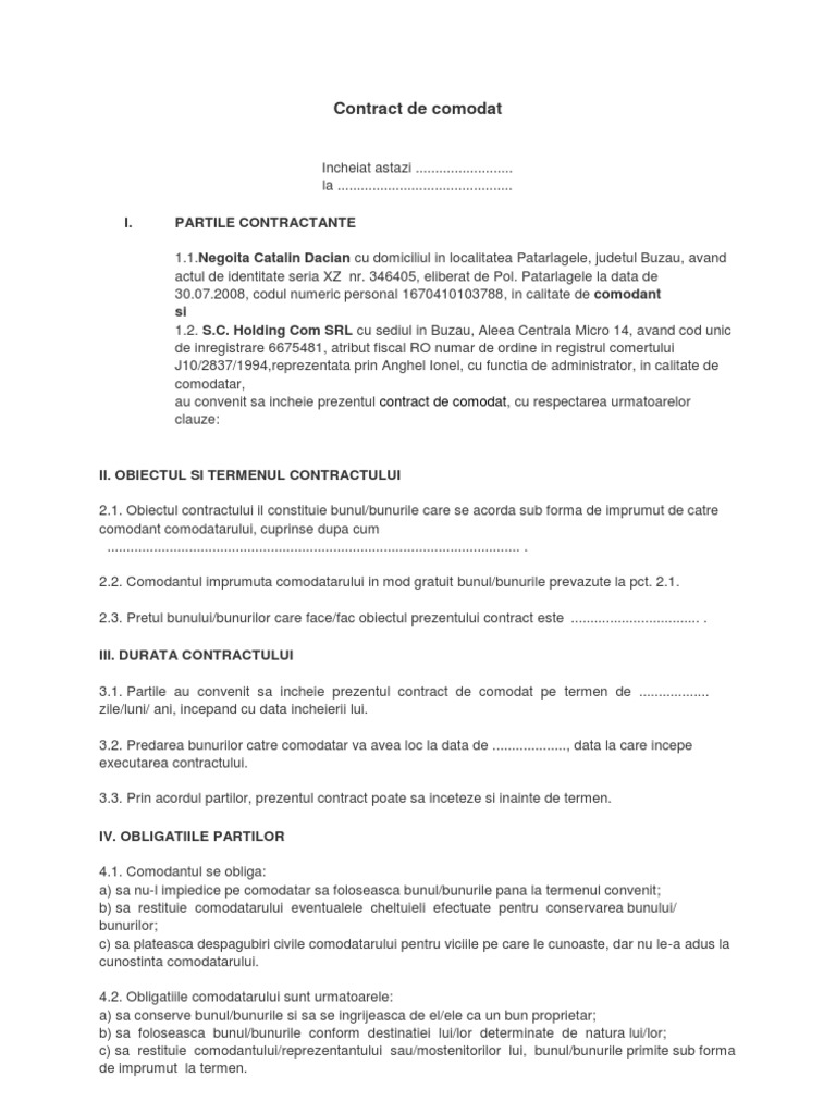 Contract de Comodat Exemplu | PDF