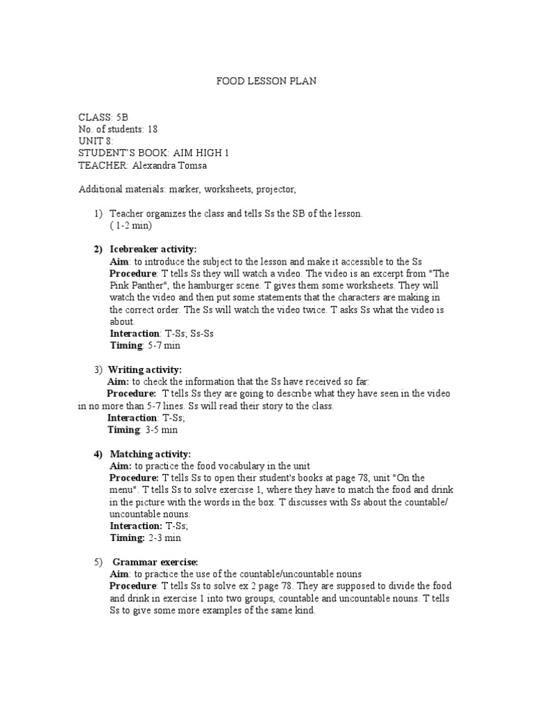 Food Lesson Plan Lesson Plan Cognition