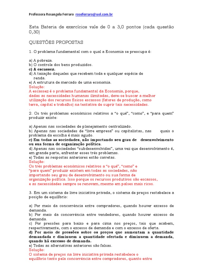 Exercícios de Economia com Gabarito | PDF | Demanda | Economia