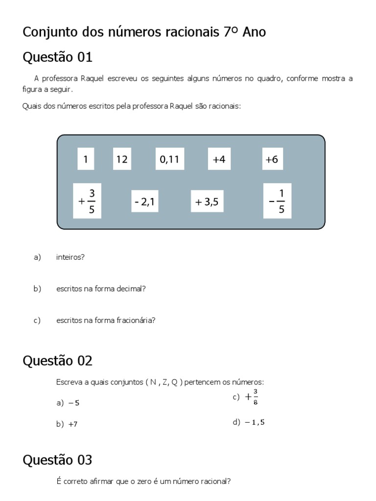 Atividades sobre Números Racionais 7º Ano | PDF | Número racional ...