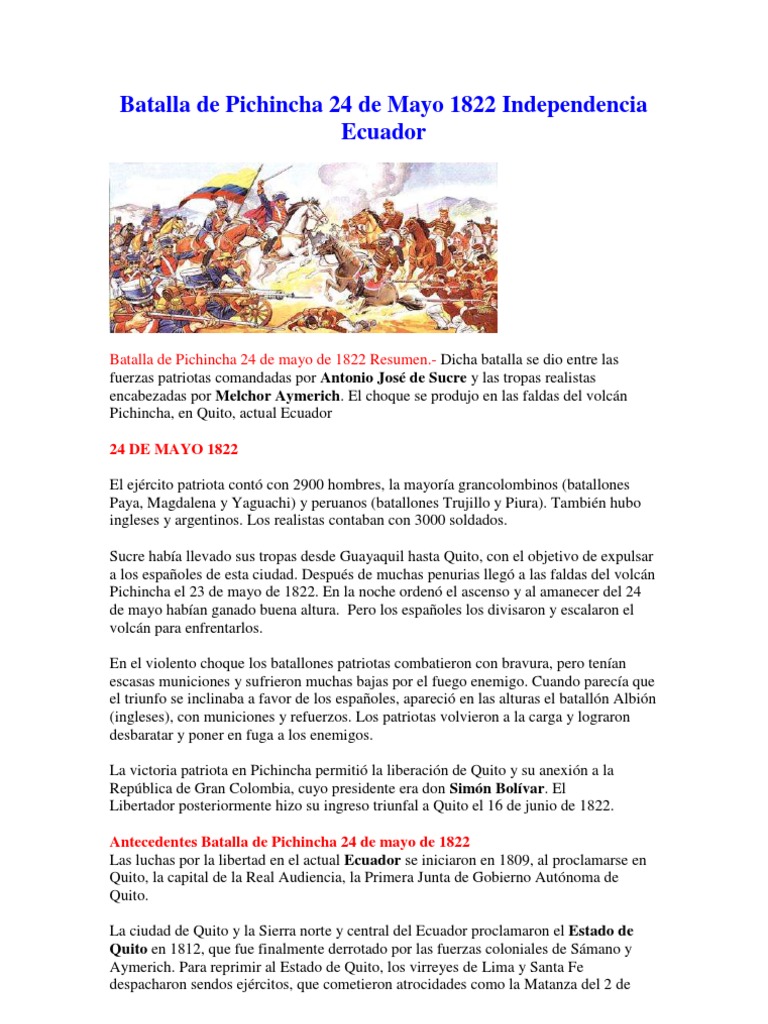 Batalla De Pichincha 24 De Mayo 1822 Independencia Ecuador