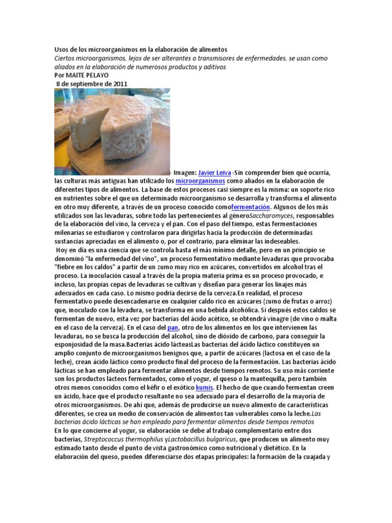 Microorganismos en la elaboración de alimentos | PDF | Leche | Queso