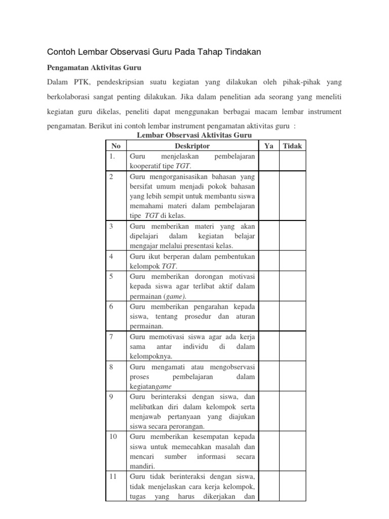 Contoh Lembar Observasi Guru Pada Tahap Tindakan