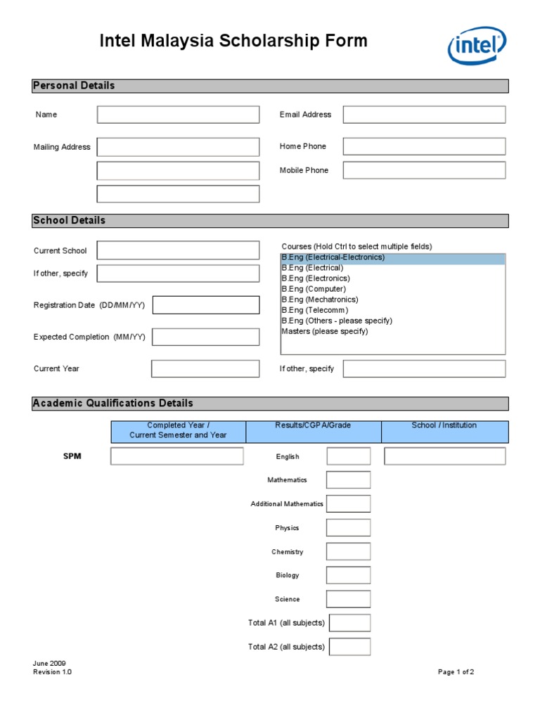Intel Malaysia Scholarship Form: Personal Details | PDF
