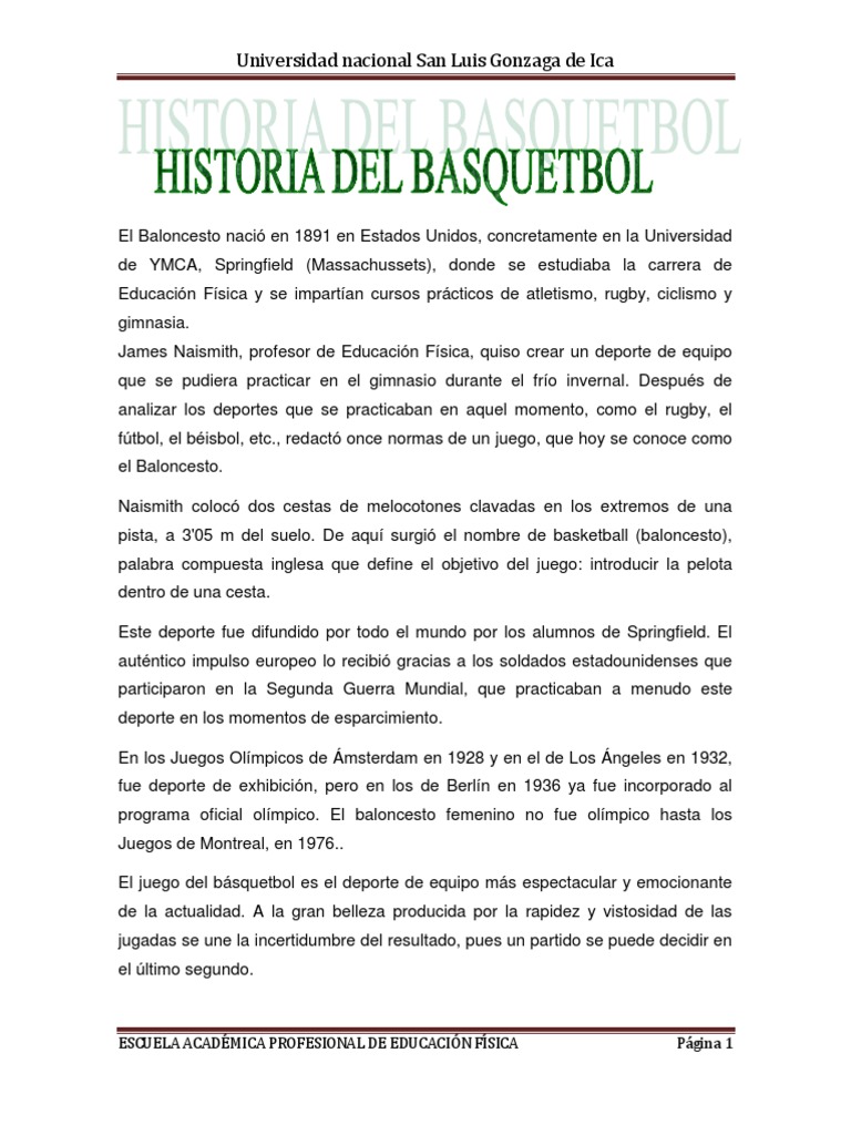 El Baloncesto Nació en 1891 en Estados Unidos | PDF | Posiciones de  baloncesto | Defensor (Asociación de Fútbol)