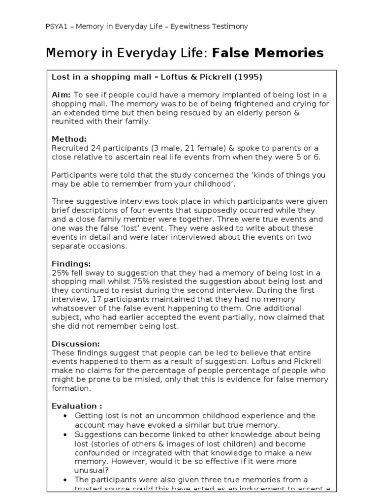 Memory in Everyday Life False Memory Worksheet - Diagram | Cognitive