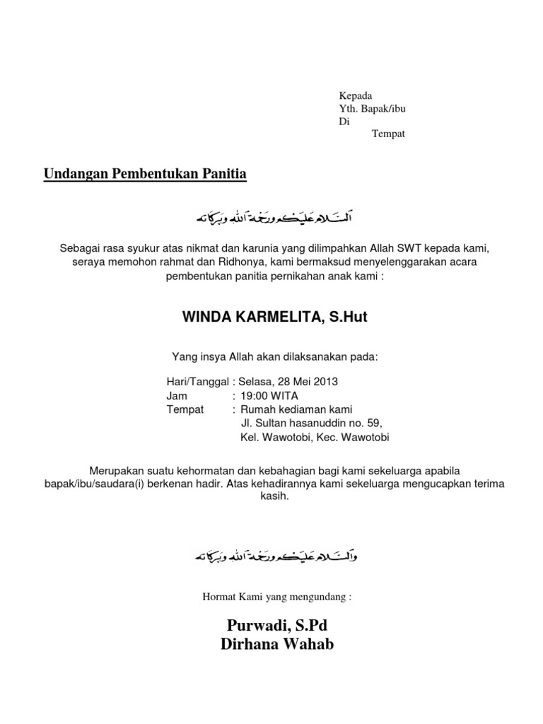 Contoh Undangan Pembentukan Panitia Pernikahan Contoh