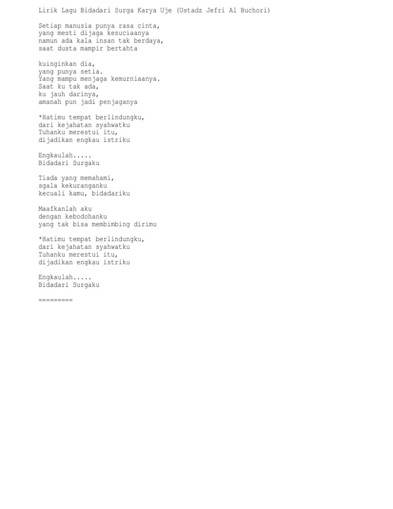 Lirik Lagu Bidadari Surga Karya Uje Ustadz Jefri Al Buchori