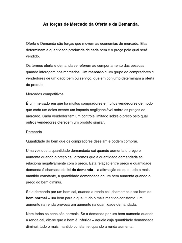 As Forças de Mercado Da Oferta e Da Demanda - RESUMO | PDF | Demanda ...