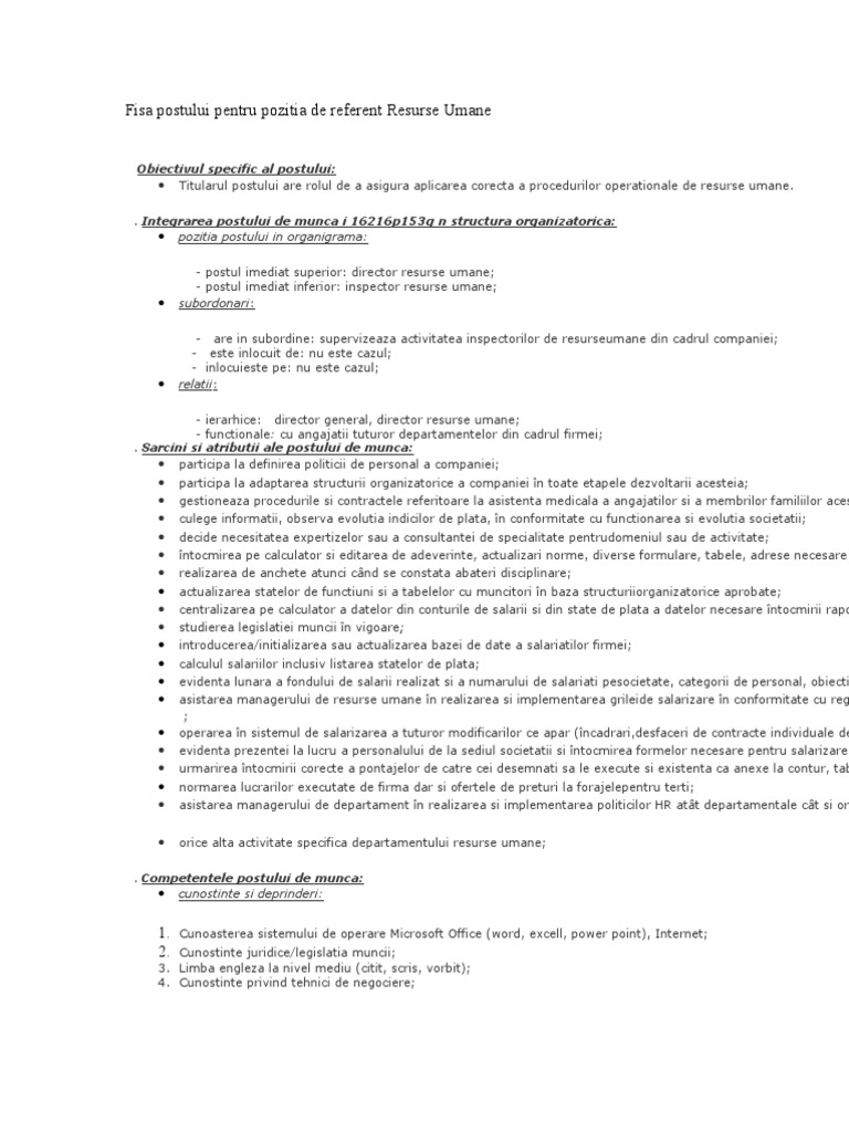 Fisa Postului Pentru Pozitia De Referent Resurse Umane