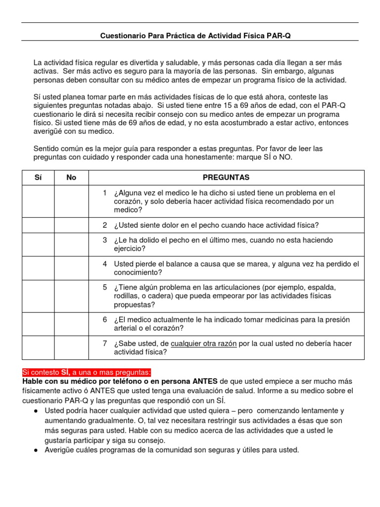 Cuestionario PAR-Q en Español | PDF | Cuestionario | Ejercicio físico
