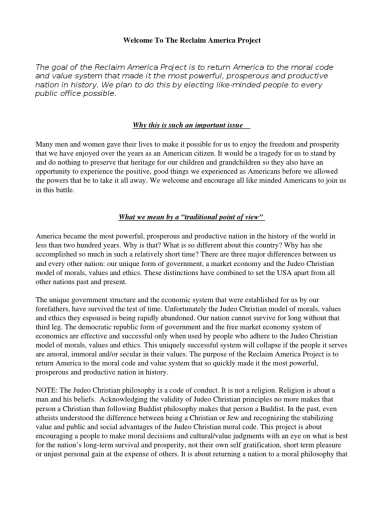 Reclaim America: Restoring Moral Values | PDF | Morality | Value (Ethics)