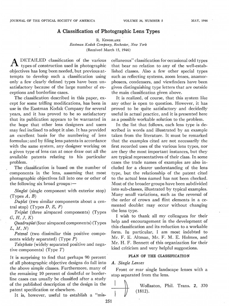 Kingslake A Classification of Photographic Lens Types PDF Zoom Lens