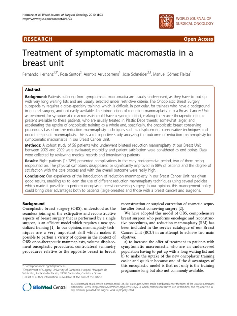 Treatment of Symptomatic Macromastia in A Breast Unit: Research Open ...