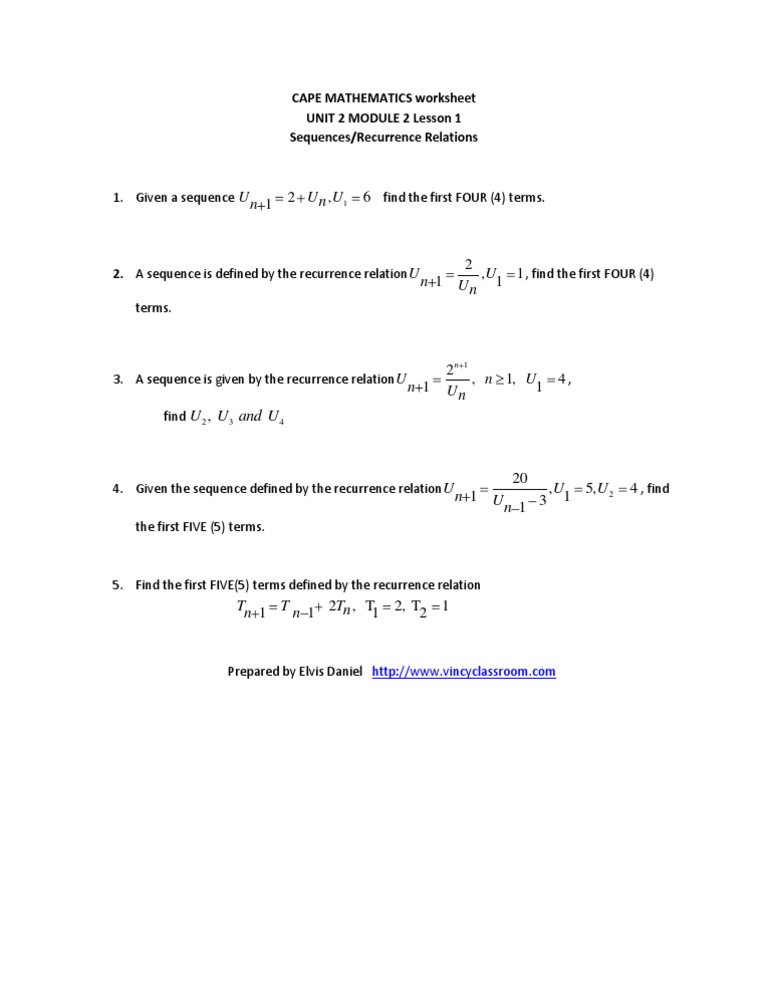U U U N N: CAPE MATHEMATICS Worksheet UNIT 2 MODULE 2 Lesson 1 ...