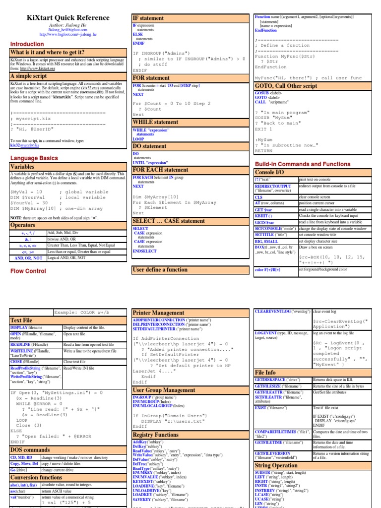 Kixtart Quick Reference If Statement Download Free PDF Command