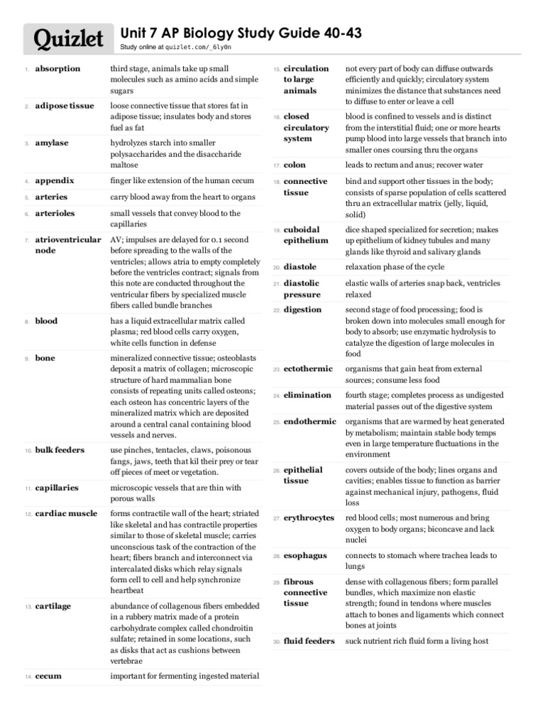 Unit 7 AP Biology Study Guide | PDF | Digestion | Tissue (Biology)