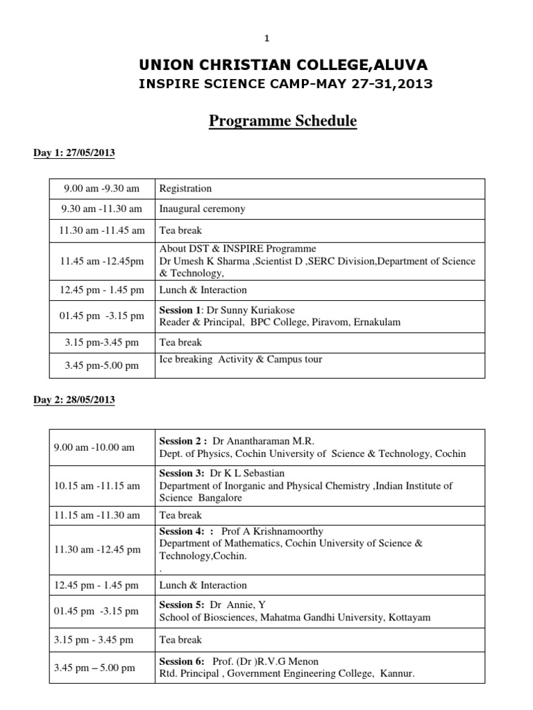 Programme Schedule Union Christian College, Aluva PDF Academia