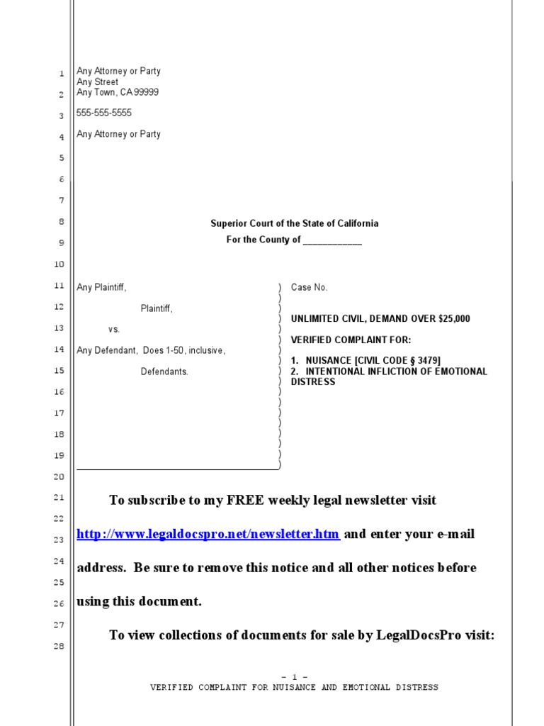 Sample California Complaint For Nuisance and Intentional Infliction of