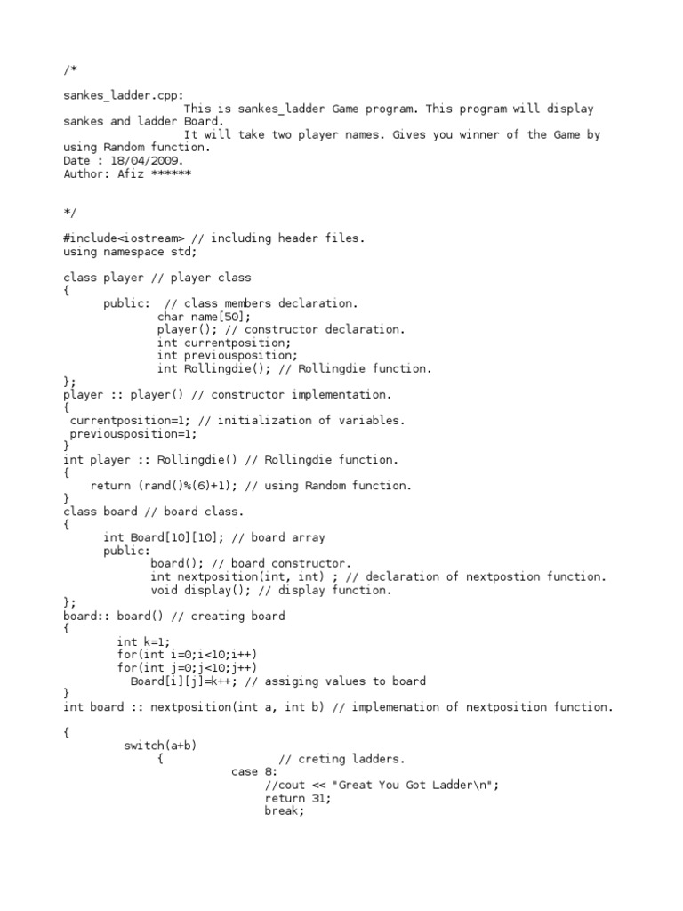 Snakes Ladders Program in C++ PDF Subroutine Object Oriented