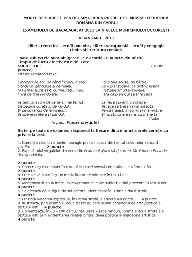 Document 2013 01 4 13939403 0 Modele Bac 2013 Romana | PDF