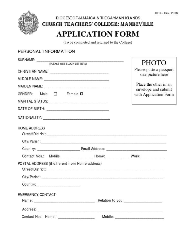Church Teachers' College Application Form for Admission Secondary