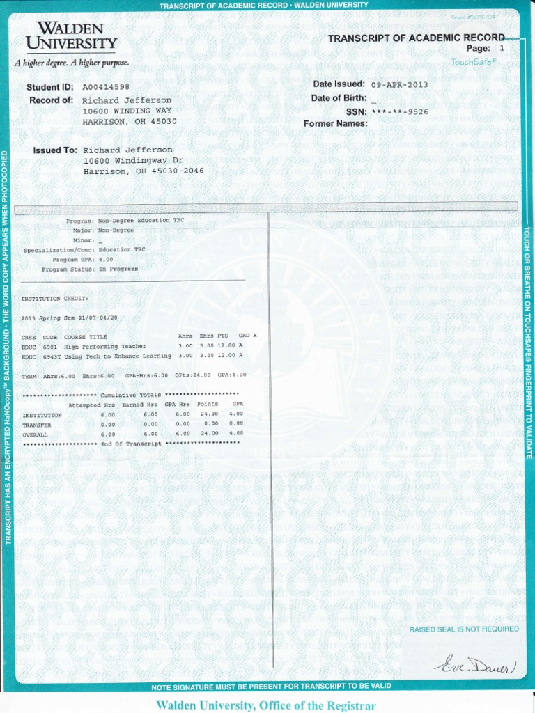 RGJefferson Walden University Transcript | PDF | Grading (Education) |  Undergraduate Education