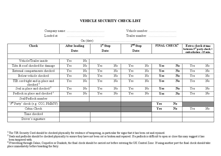 Vehicle Security Inspection Checklist | PDF | Transport | Vehicles