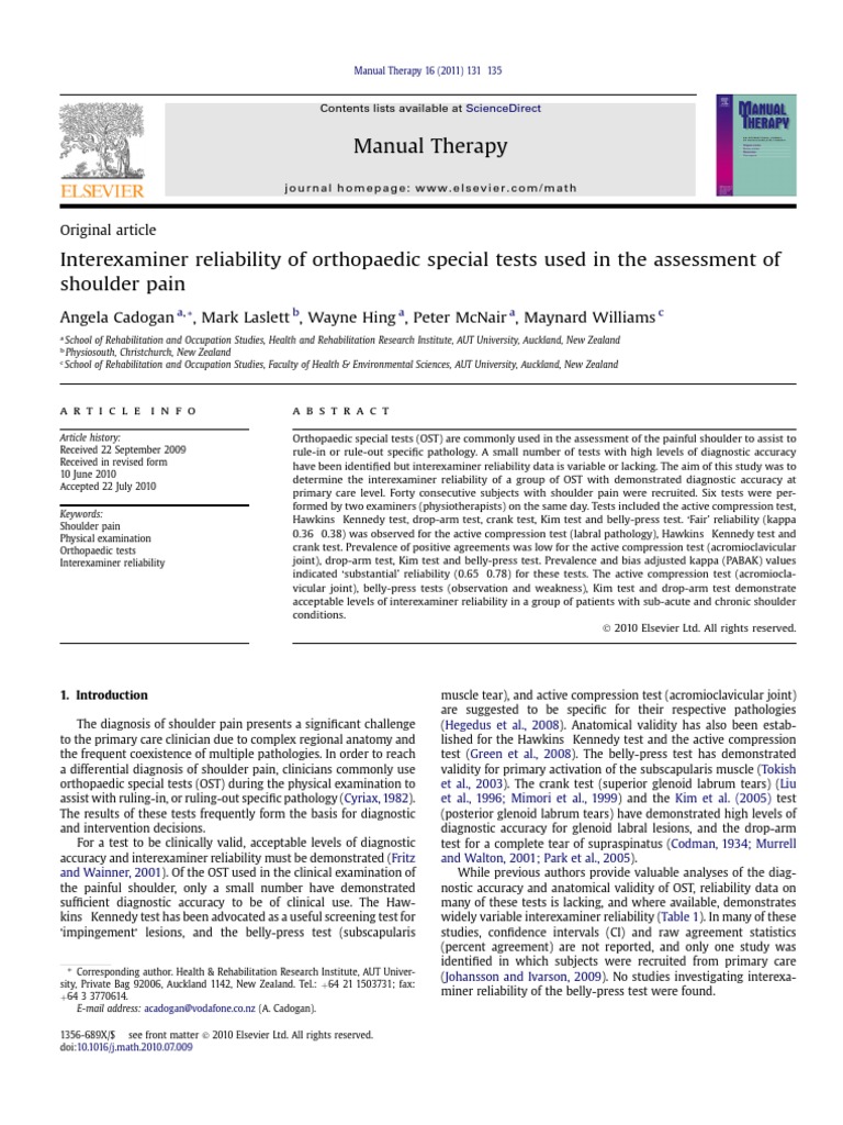 Interexaminer Reliability of Shoulder Tests | PDF | Physical Therapy ...