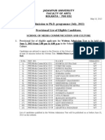 Admission To Ph.D. Programme (July, 2013) Provisional List of Eligible Candidates