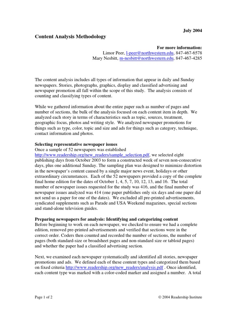 Content Analysis Methodology  PDF  Newspapers  Newspaper