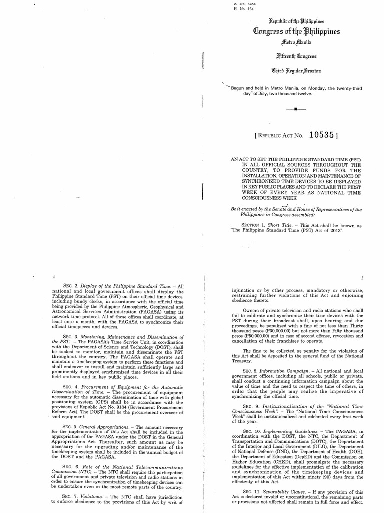 RA-10535 Act of Philippine Standard Time | PDF