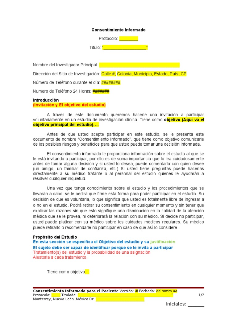 Ejemplo de Consentimiento Informado Consentimiento informado Ciencias de la Salud
