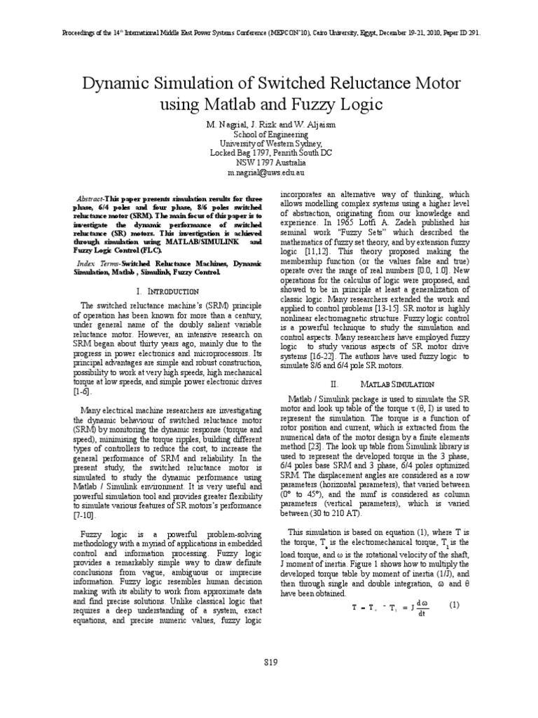 Dynamic Simulation of Switched Reluctance Motor Using Matlab and Fuzzy ...