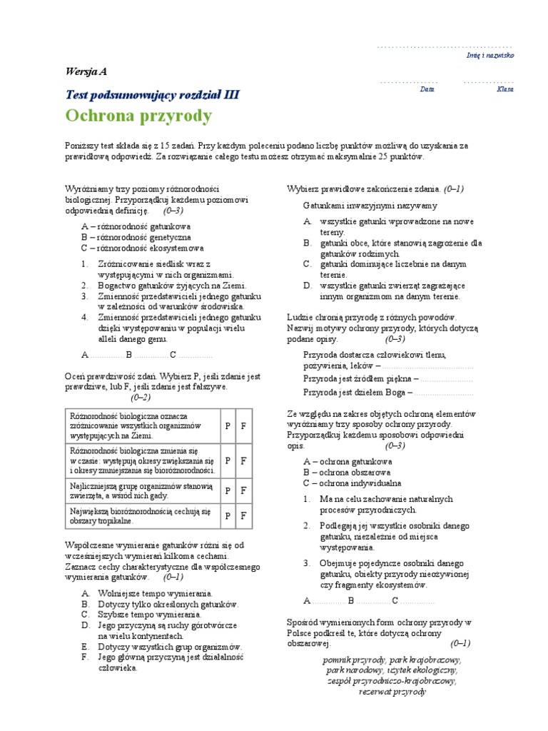 Sprawdzian Z Przyrody Klasa 3 Test Ochrona Przyrody