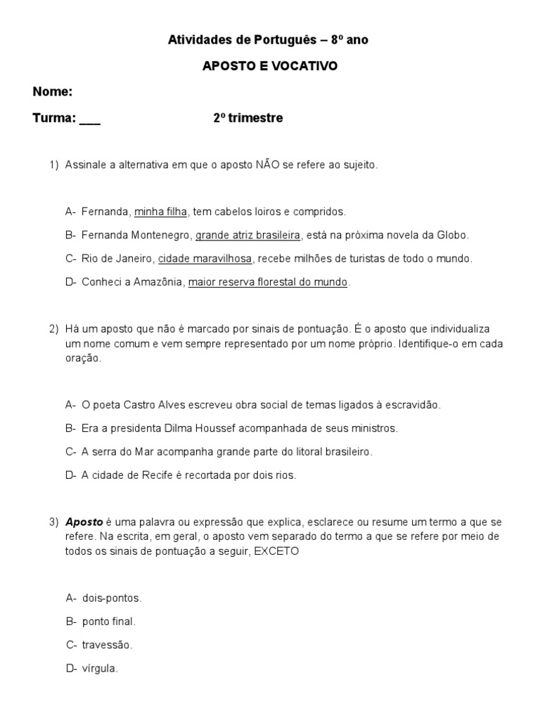 Aposto e Vocativo 8 Ano Atividade Gabarito | Download grátis ...