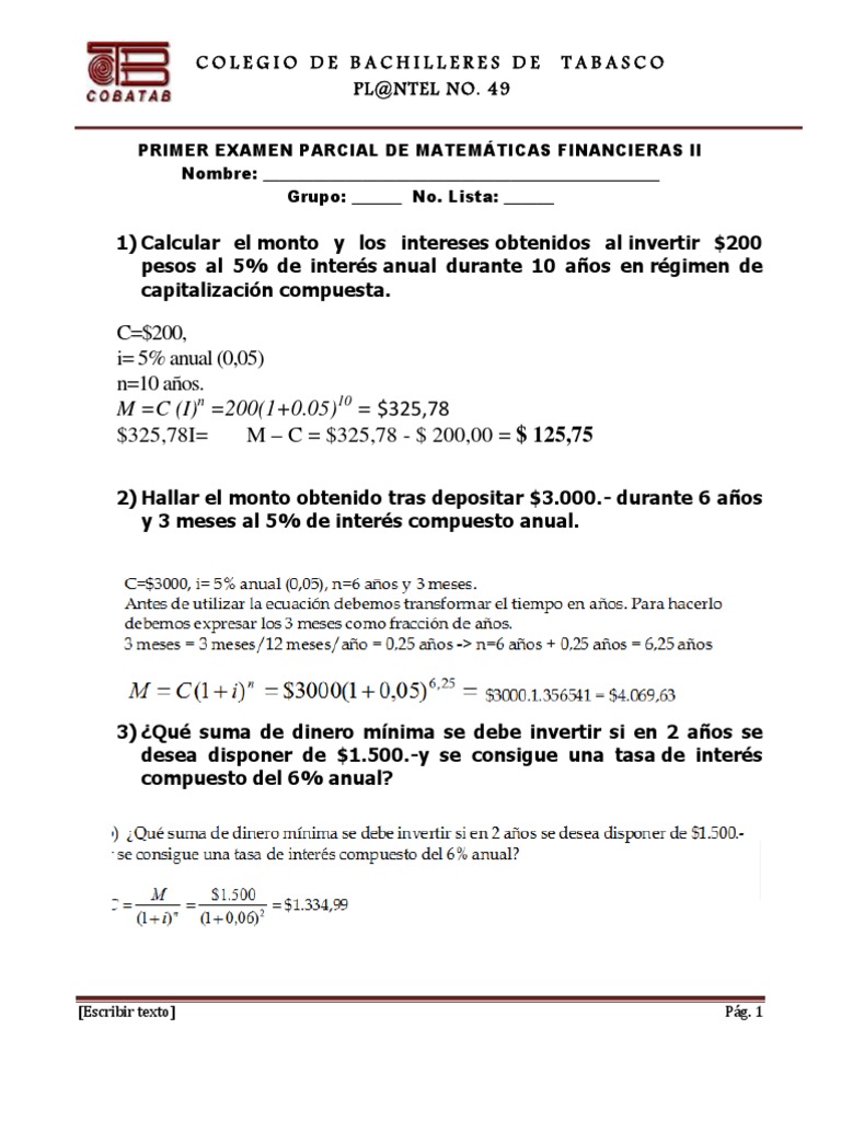 Examen Parcial Matemáticas Financieras II | PDF | Finanzas Matemáticas ...