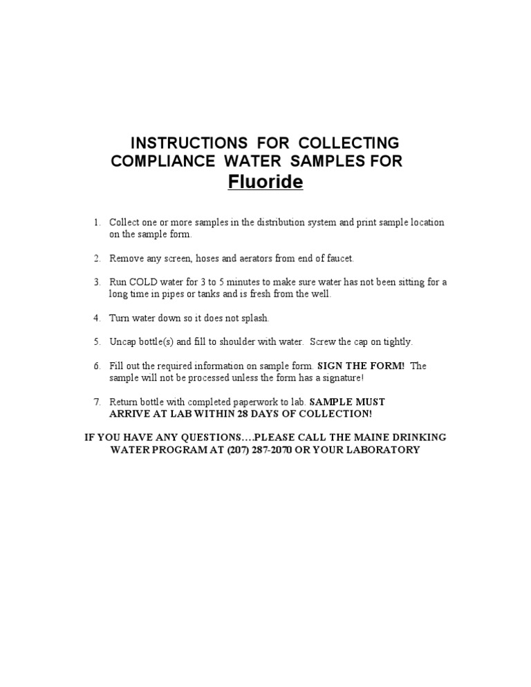 Fluoride Instructions For Collecting Compliance Water Samples For PDF