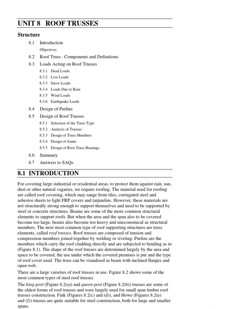 Unit 8 Roof Trusses: Structure | Download Free PDF | Truss | Roof