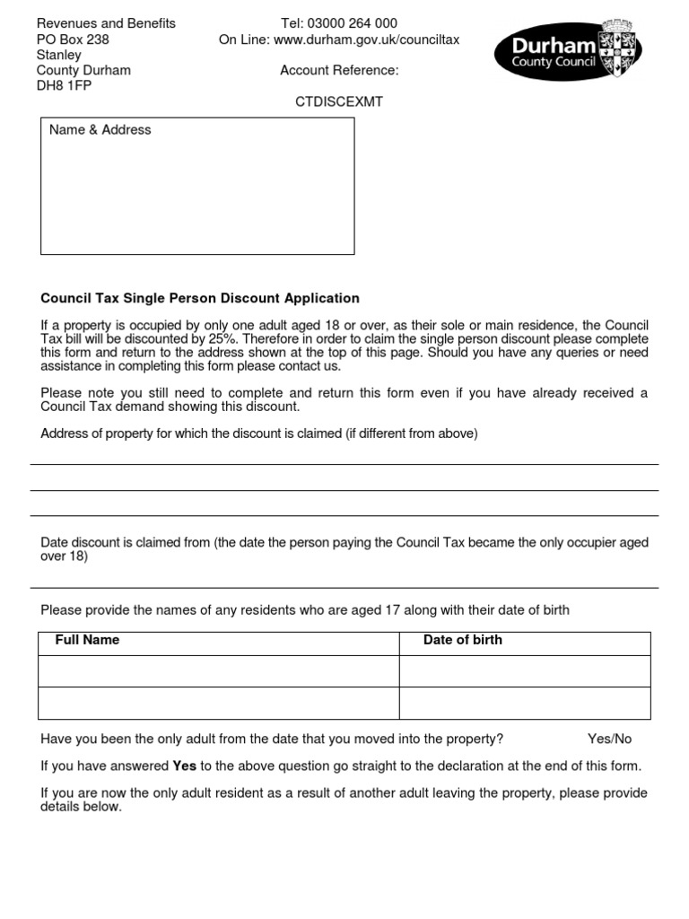 Council Tax Single Person Discount Application PDF Taxes