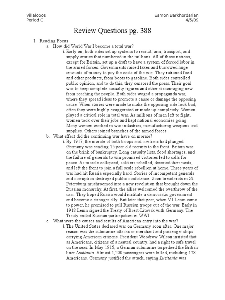 Review Questions Pg. 388 PDF World War I Woodrow Wilson