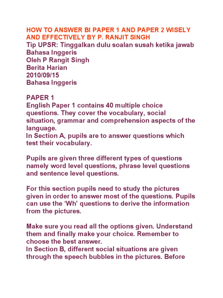 Tips for Answering BI Paper 1 & 2 | PDF | Sentence (Linguistics ...