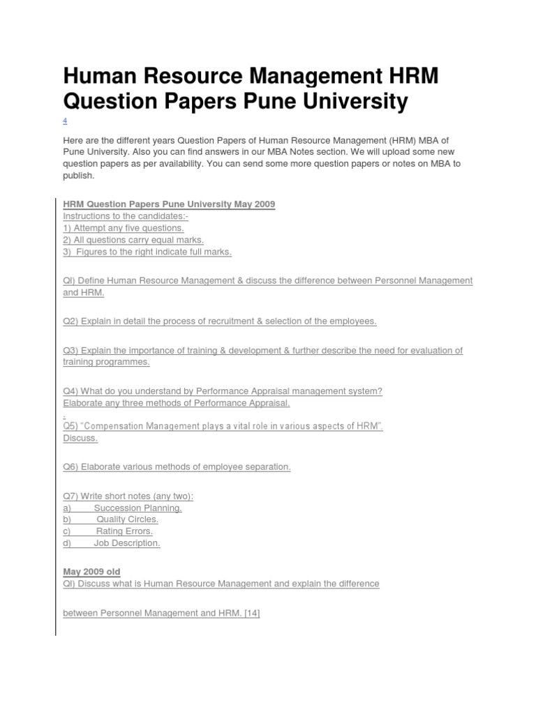 HRM Question Papers for Pune University | PDF | Performance Appraisal ...
