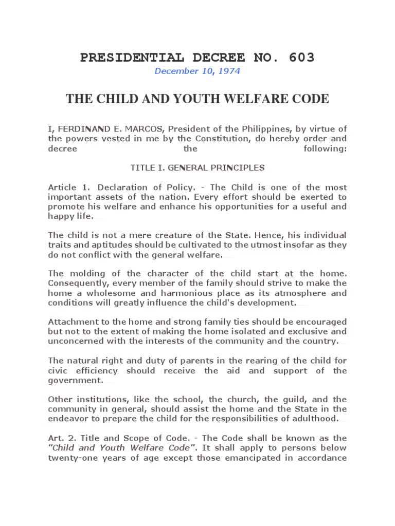 PD 603 Child and Youth Welfare Code PDF Legal Guardian Child