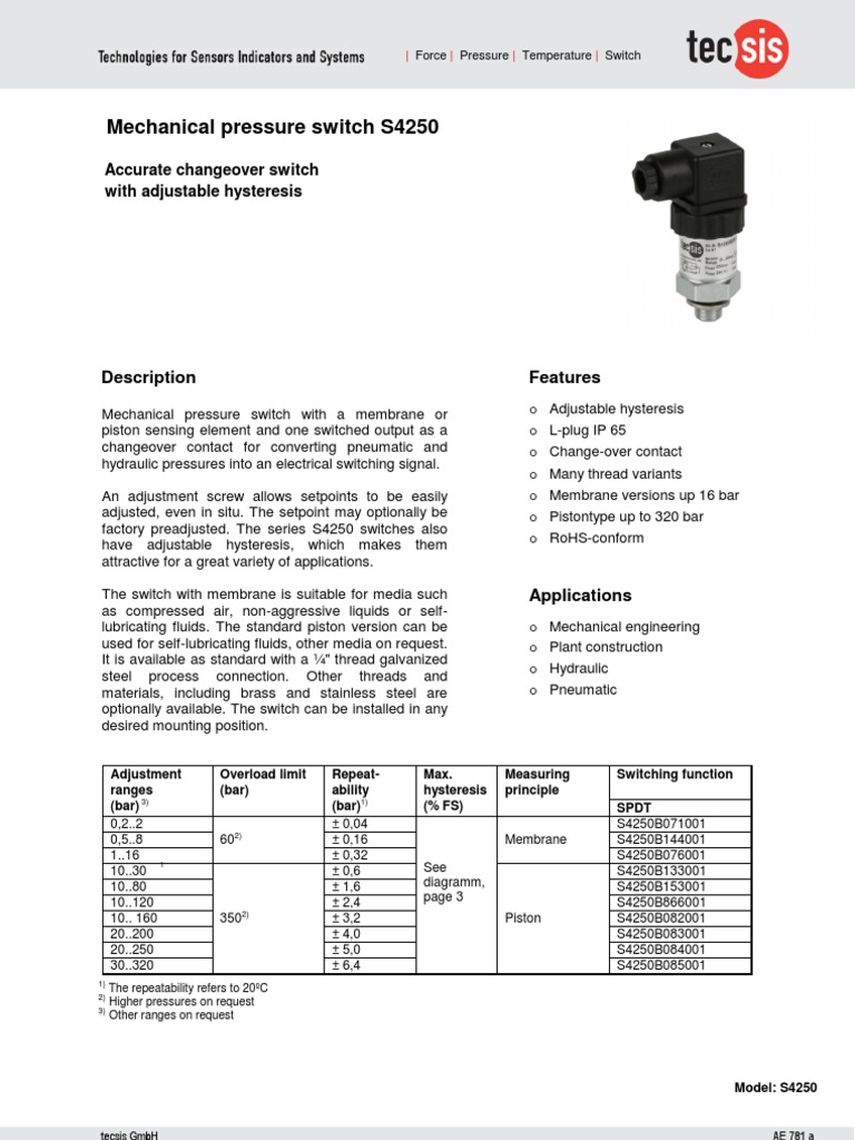 Mechanical Pressure Switch S4250 Accurate Changeover Switch With