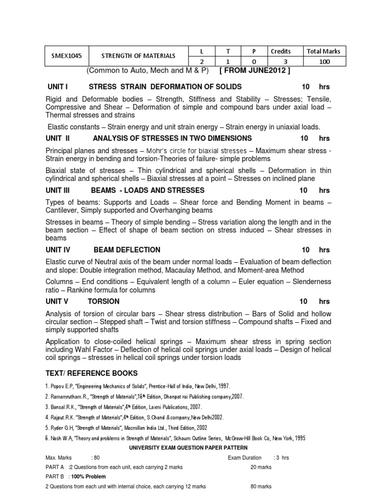 Strength of Materials Course Outline | PDF | Stress (Mechanics) | Beam ...