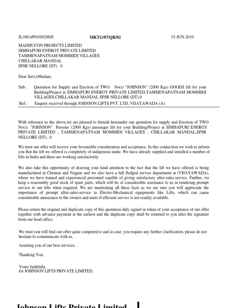 LIft QUOTATION From Johnson on 15.06.10 Taxes Elevator