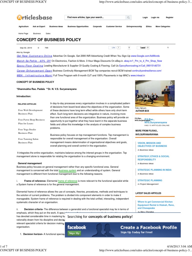 Concept of Business Policy | PDF | Strategic Management | Goal