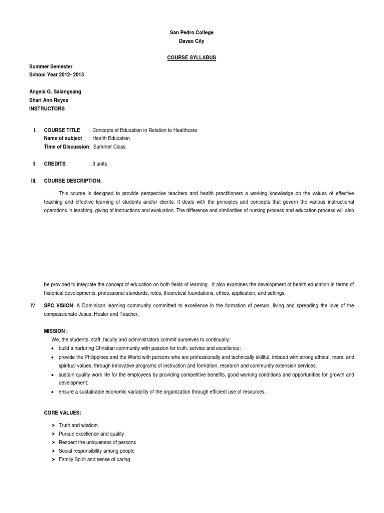 Course Syllabus (sample) Health Education Nursing